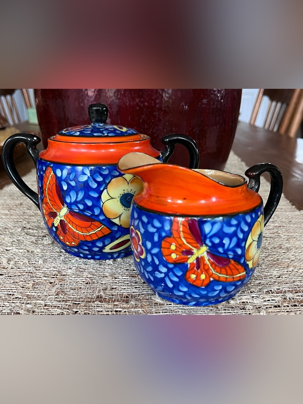 Vintage Hand-Painted Blue & Orange Ceramic Sugar and Creamer Set